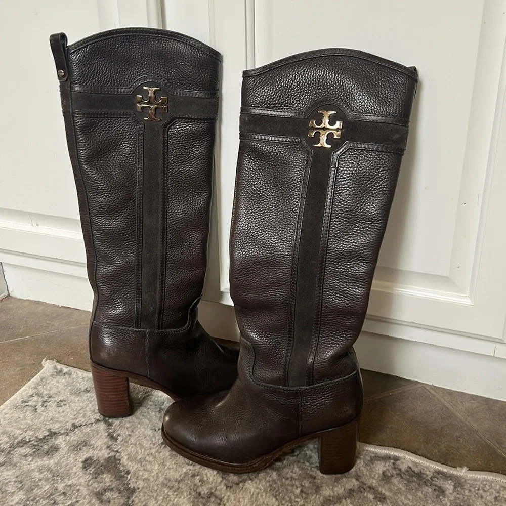 Tory Burch Dark Brown Leather Knee-High Heeled Boots with Gold Logo